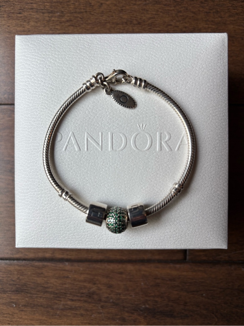 Pandora Silver Bracelet with Green Pave Charm and two spacers